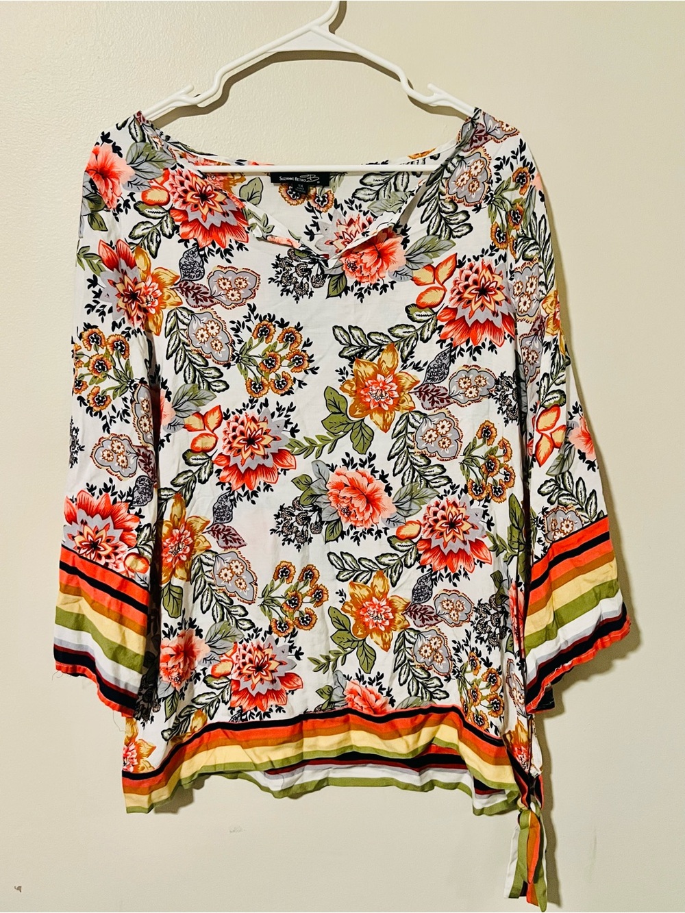 Suzanne Betro White Floral Tie-Hem Tunic with Coral, Orange & Green